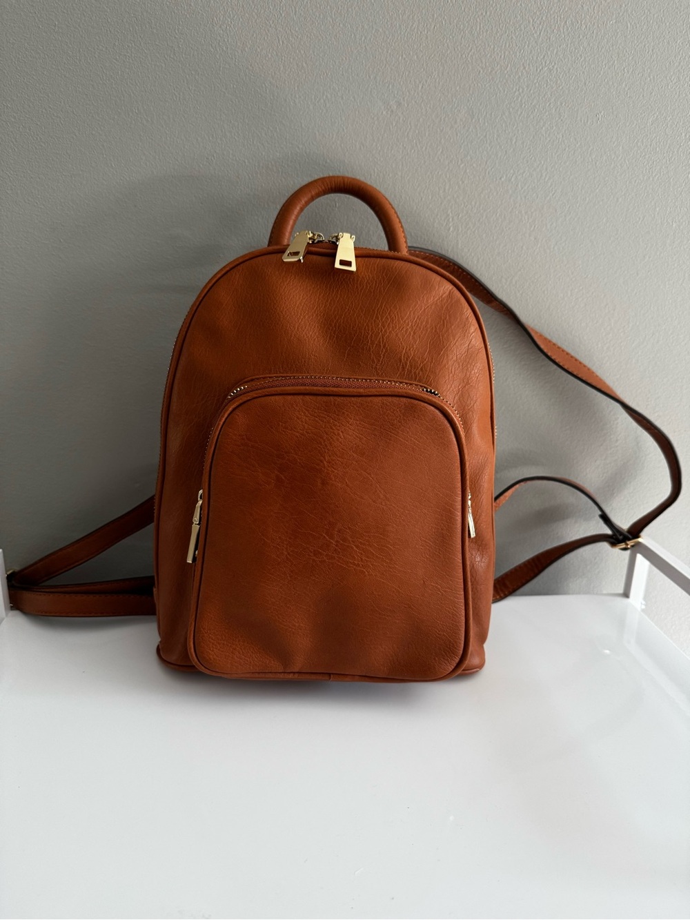 INC International Concepts Brown Faux Leather adjustable backpack w/ lining
